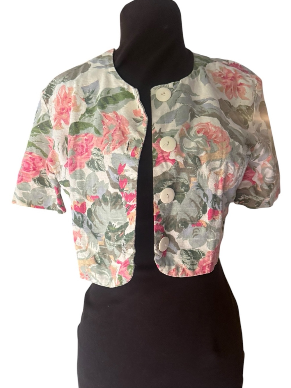 Vintage Pastel Floral Cropped Short Sleeved Bolero Blazer Size S Cottage Core